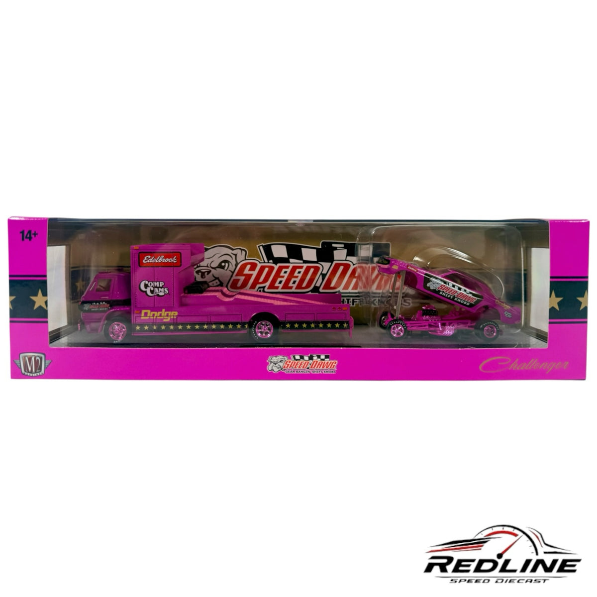 Redline Speed Diecast M2 Machines pink Dodge L600 hauler and 1971 Challenger funny car set in original packaging