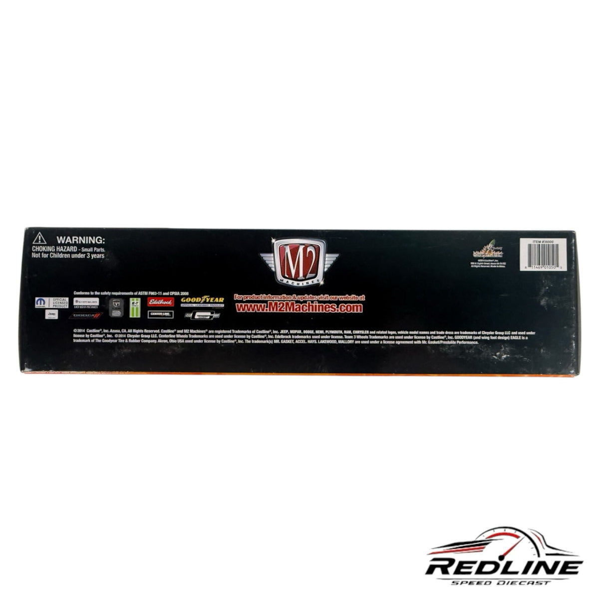 Redline Speed Diecast M2 Machines Dodge auto hauler set packaging back view with safety warnings and brand logos