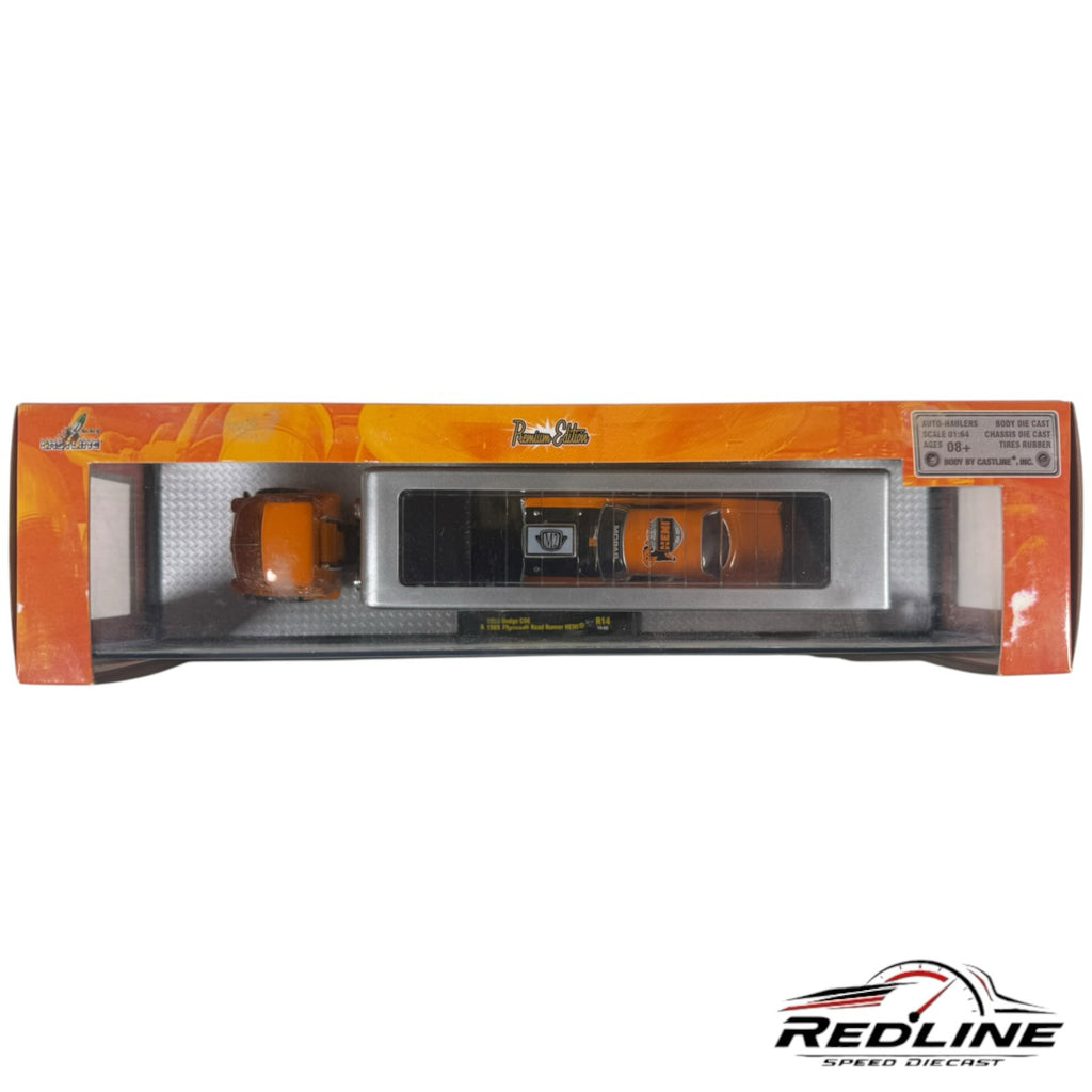 Redline Speed Diecast M2 Machines orange Dodge COE truck and Plymouth Road Runner auto-hauler set in original packaging