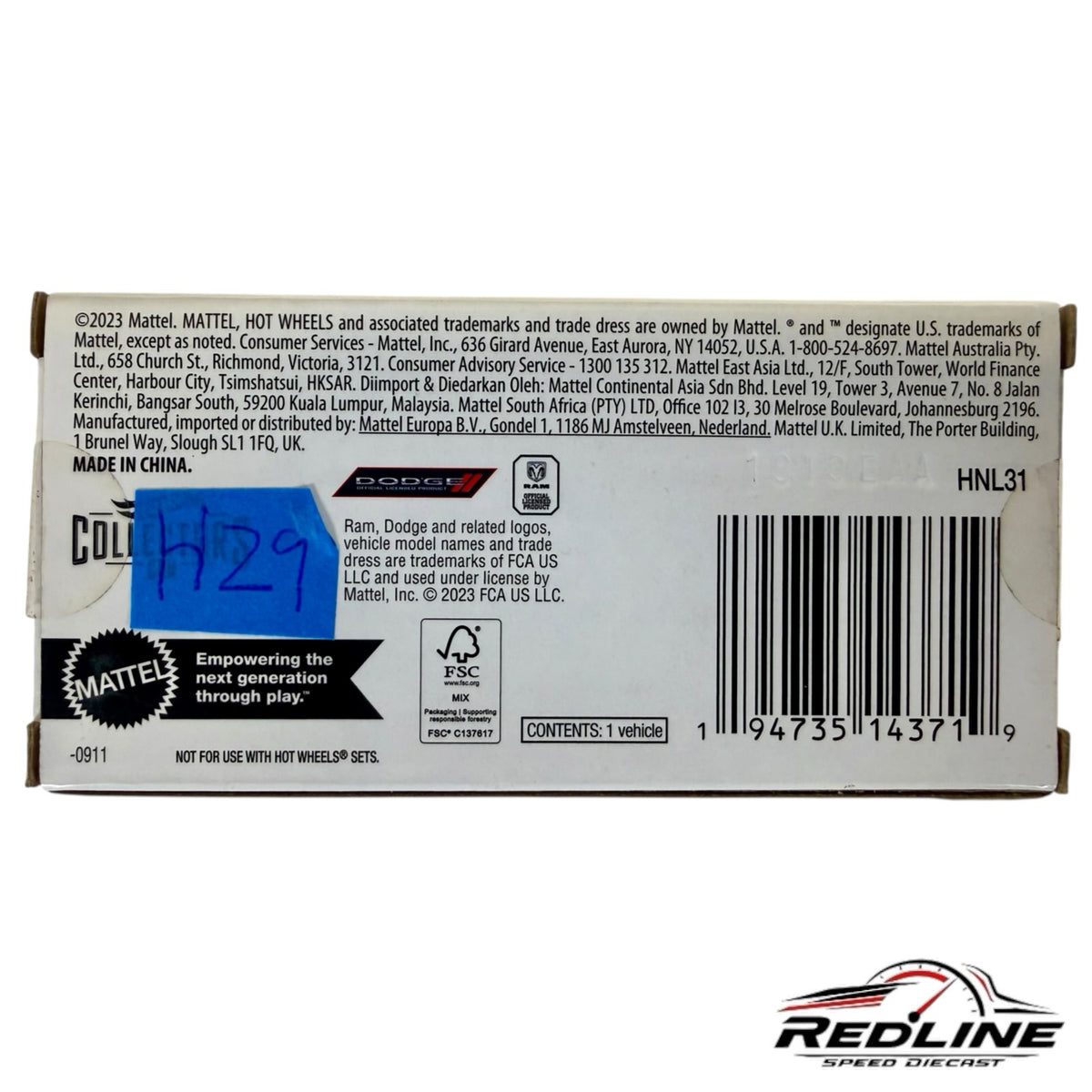 Redline Speed Diecast packaging back view for Hot Wheels 1952 Dodge Power Wagon with product information and barcode