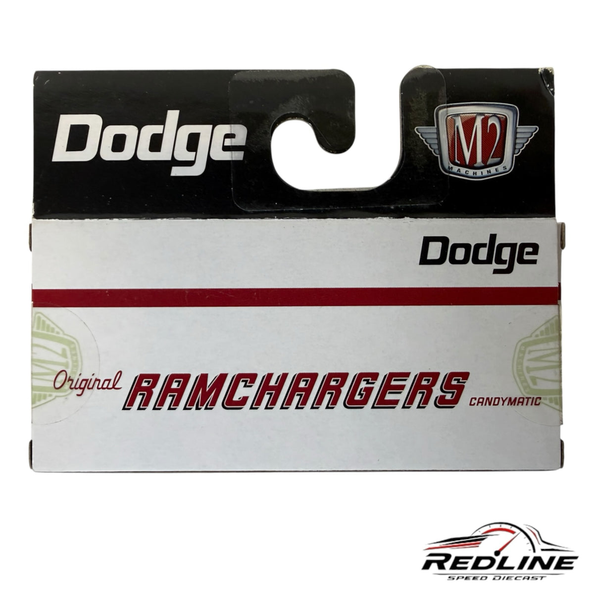 Redline Speed Diecast M2 Machines Dodge Ramchargers collectible truck packaging with white and red branding.