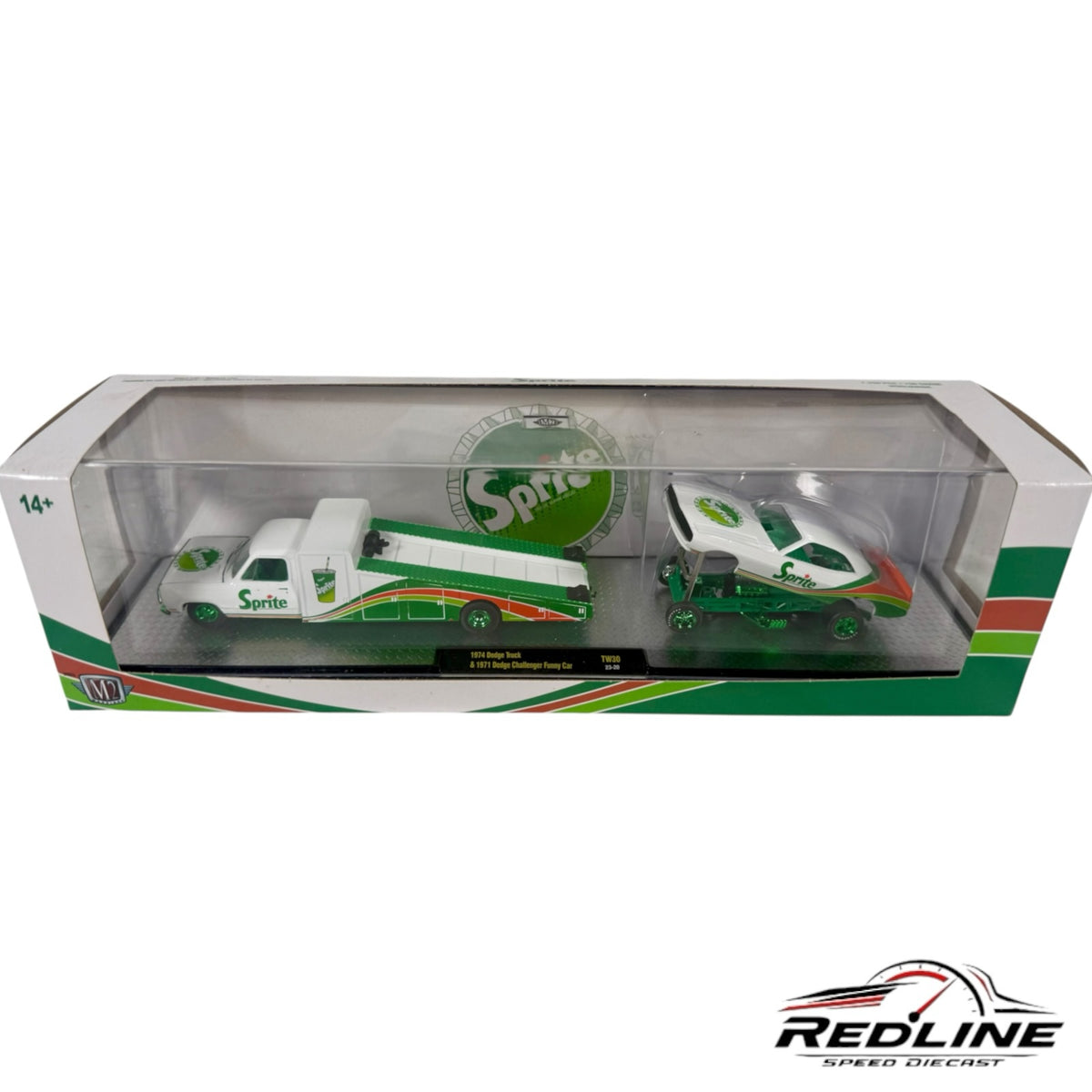 Redline Speed Diecast M2 Machines 1974 Dodge truck and 1971 Challenger funny car set in Sprite livery packaging
