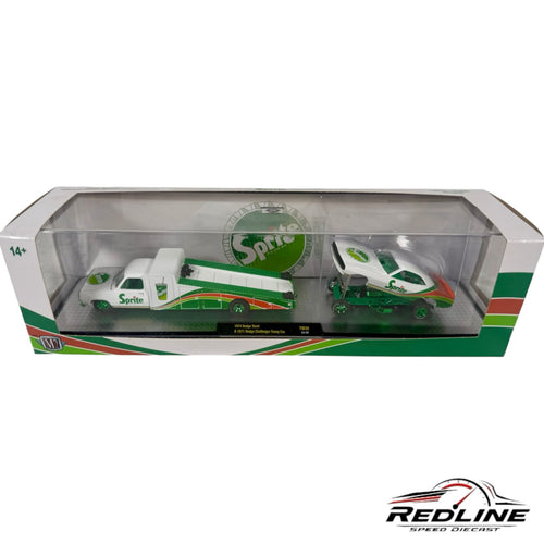 Redline Speed Diecast M2 Machines 1974 Dodge truck and 1971 Challenger funny car set in Sprite livery packaging