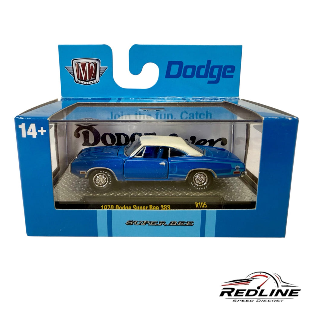 Redline Speed Diecast 1970 Dodge Super Bee 383 model in blue with white roof in original M2 Machines packaging
