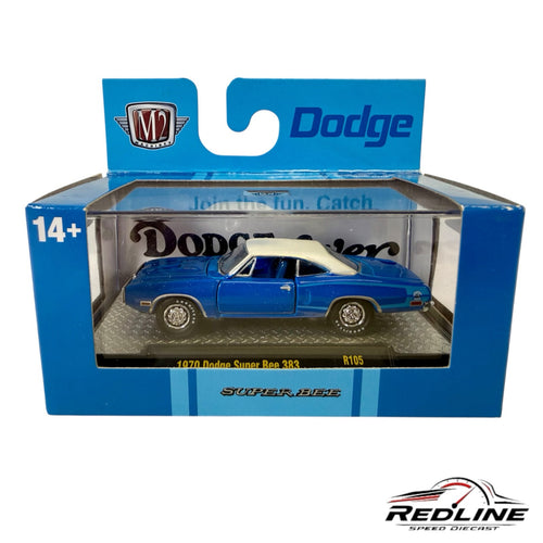 Redline Speed Diecast 1970 Dodge Super Bee 383 model in blue with white roof in original M2 Machines packaging