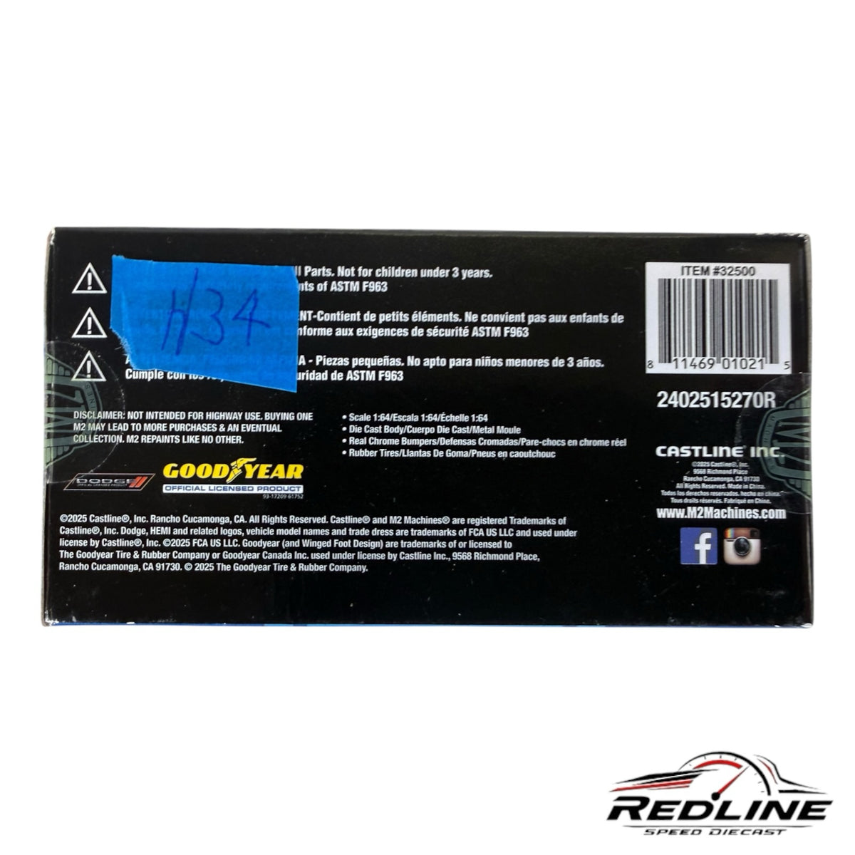 Redline Speed Diecast 1:64 scale M2 Machines Dodge Super Bee packaging back view with product details and barcode