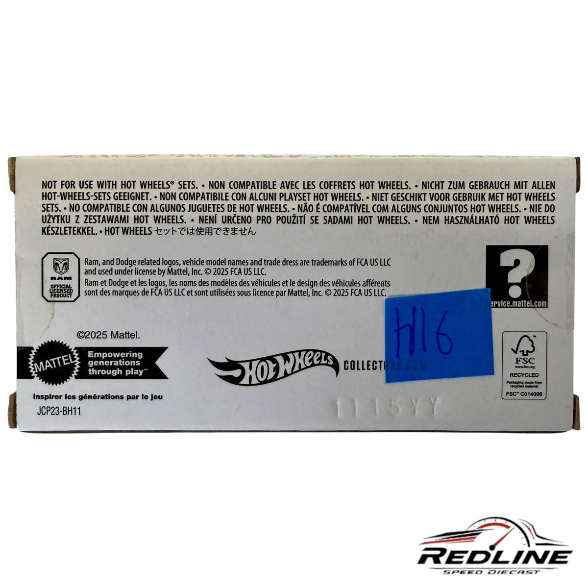 Redline Speed Diecast Hot Wheels Dodge Tradesman collector box bottom with safety warnings and branding information