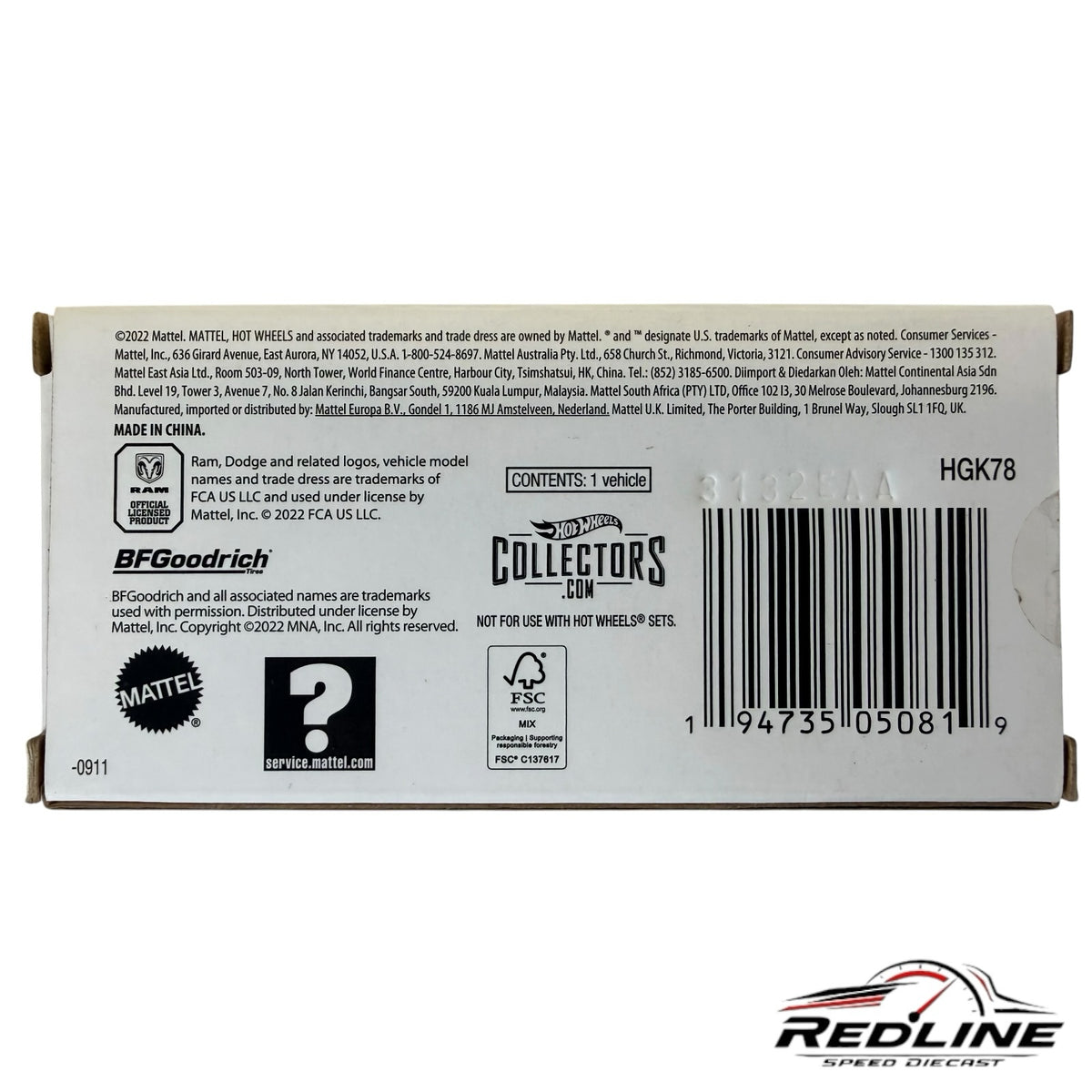 Redline Speed Diecast Hot Wheels Dodge Tradesman packaging back with product information, barcode, and logos.