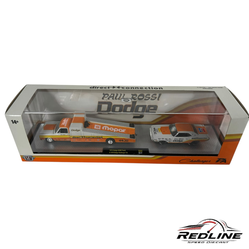Redline Speed Diecast M2 Machines set featuring a 1974 Dodge D300 truck and 1970 Dodge Challenger in orange and white.
