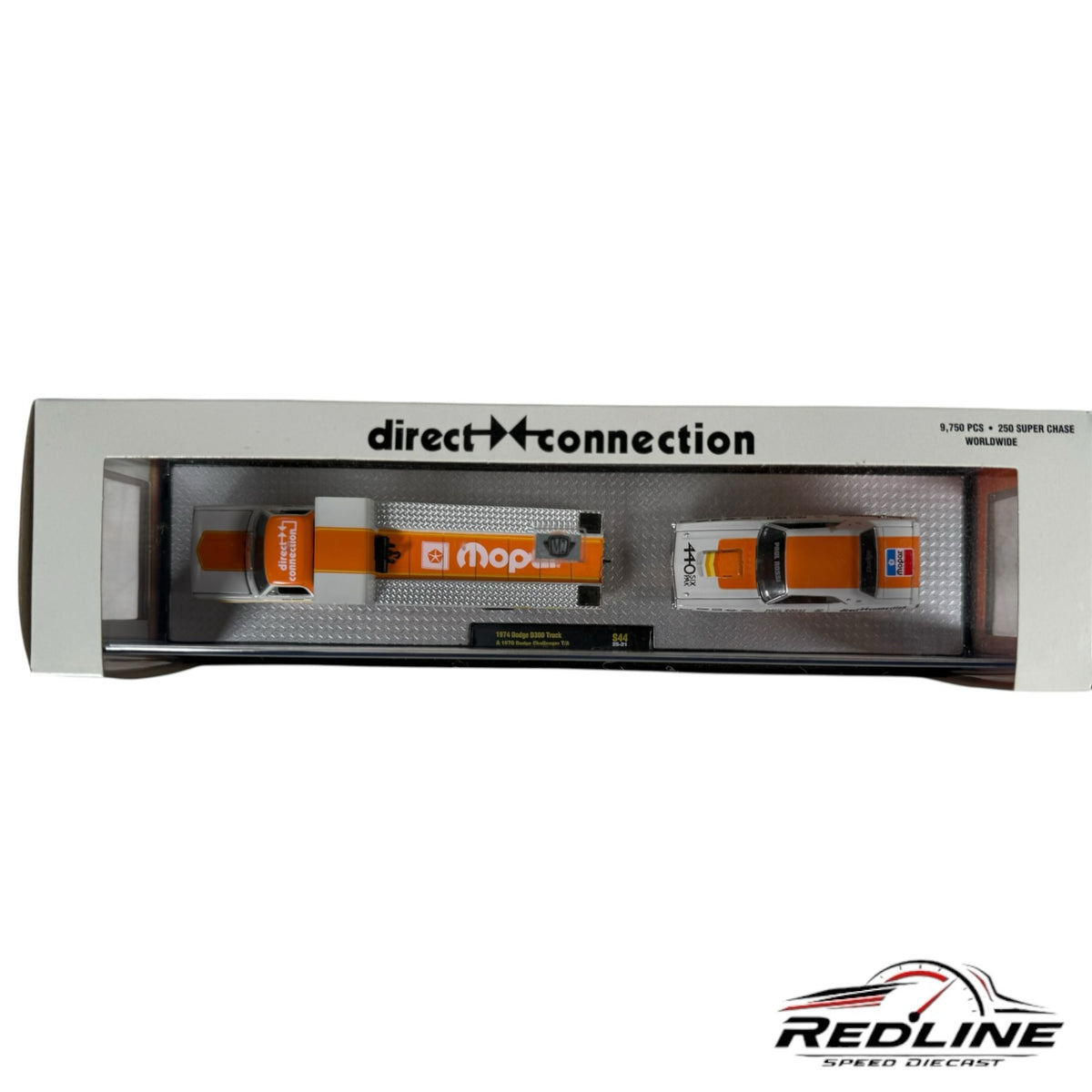 Redline Speed Diecast Paul Rossi 1974 Dodge D300 truck and 1970 Challenger T/A set in orange and white livery