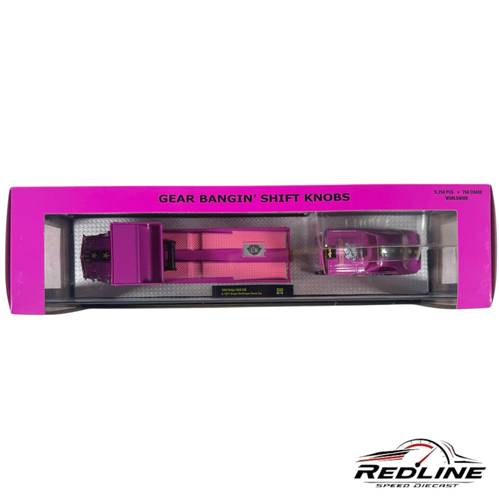 Redline Speed Diecast M2 Machines pink 1966 Dodge L600 hauler and 1971 Dodge Challenger Funny Car set in packaging.