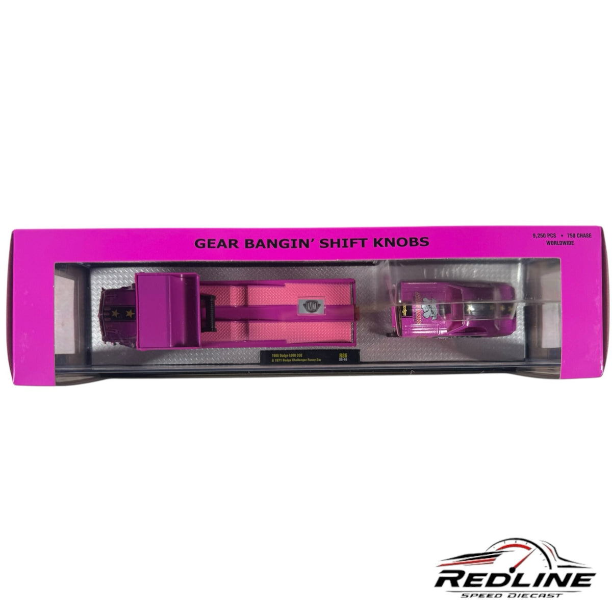 Redline Speed Diecast M2 Machines pink 1966 Dodge L600 hauler and 1971 Dodge Challenger Funny Car set in packaging.