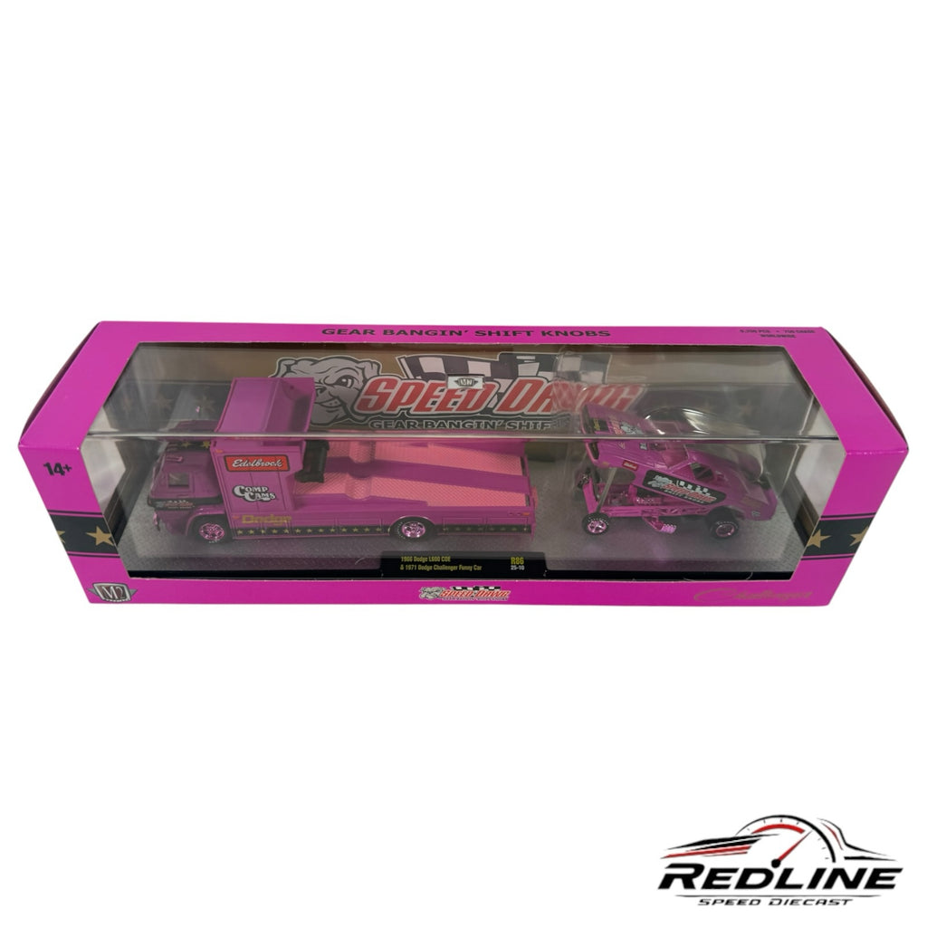 Redline Speed Diecast M2 Machines pink 1966 Dodge L600 hauler and 1971 Dodge Challenger Funny Car collector set