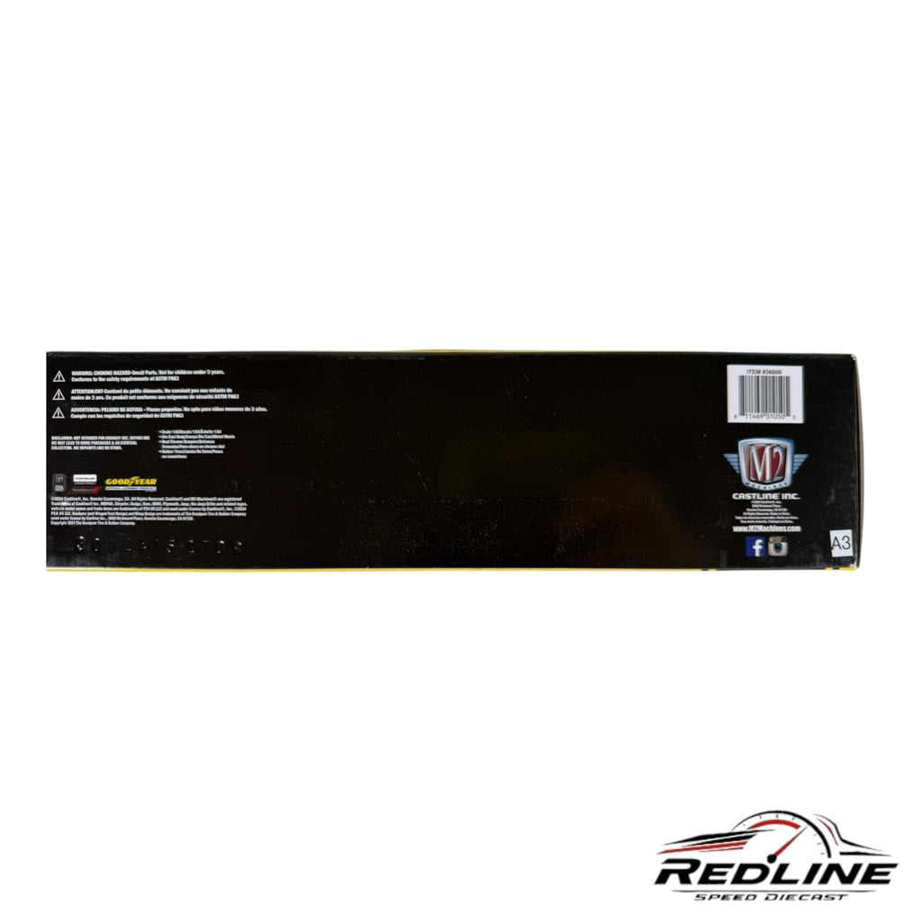Redline Speed Diecast M2 Machines Dodge truck hauler set packaging back view with safety information and branding