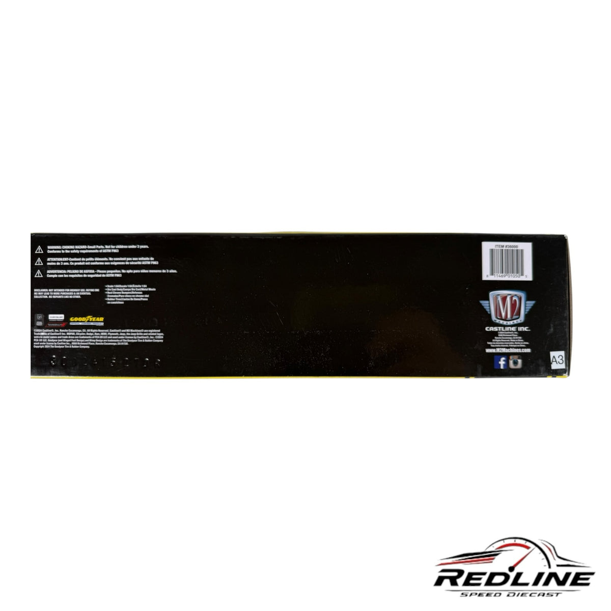 Redline Speed Diecast M2 Machines Dodge truck hauler set packaging back view with safety information and branding