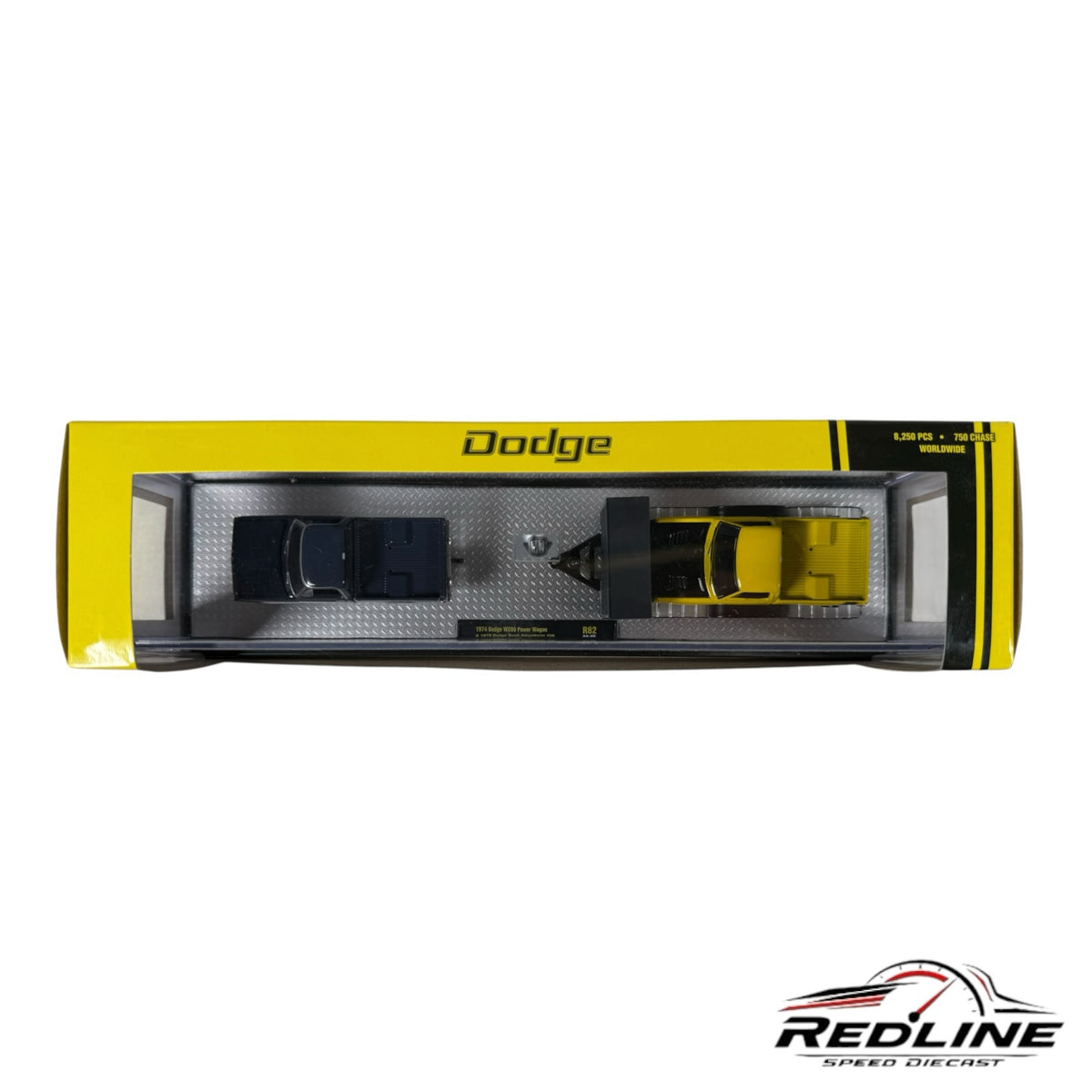 Redline Speed Diecast M2 Machines Dodge truck hauler set featuring a blue and yellow truck with trailer in packaging