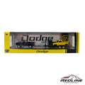 Redline Speed Diecast M2 Machines Dodge truck set featuring a blue 1974 Power Wagon and yellow truck with trailer.