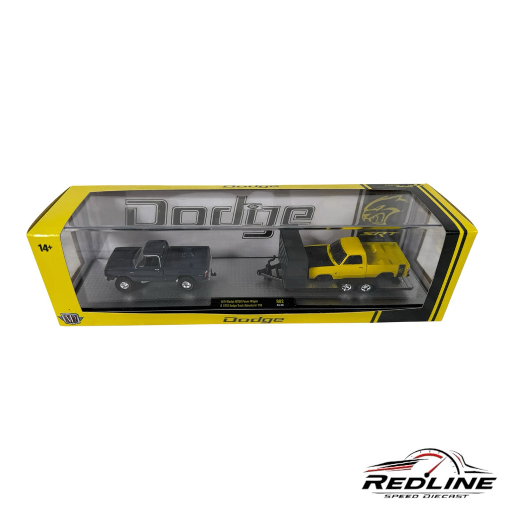 Redline Speed Diecast M2 Machines Dodge truck hauler set with a blue 1974 Power Wagon and yellow 1970 Adventure 100