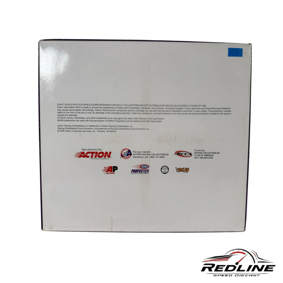 Redline Speed Diecast collector box back panel with NHRA and Action Performance branding for Dracula motorcycle model