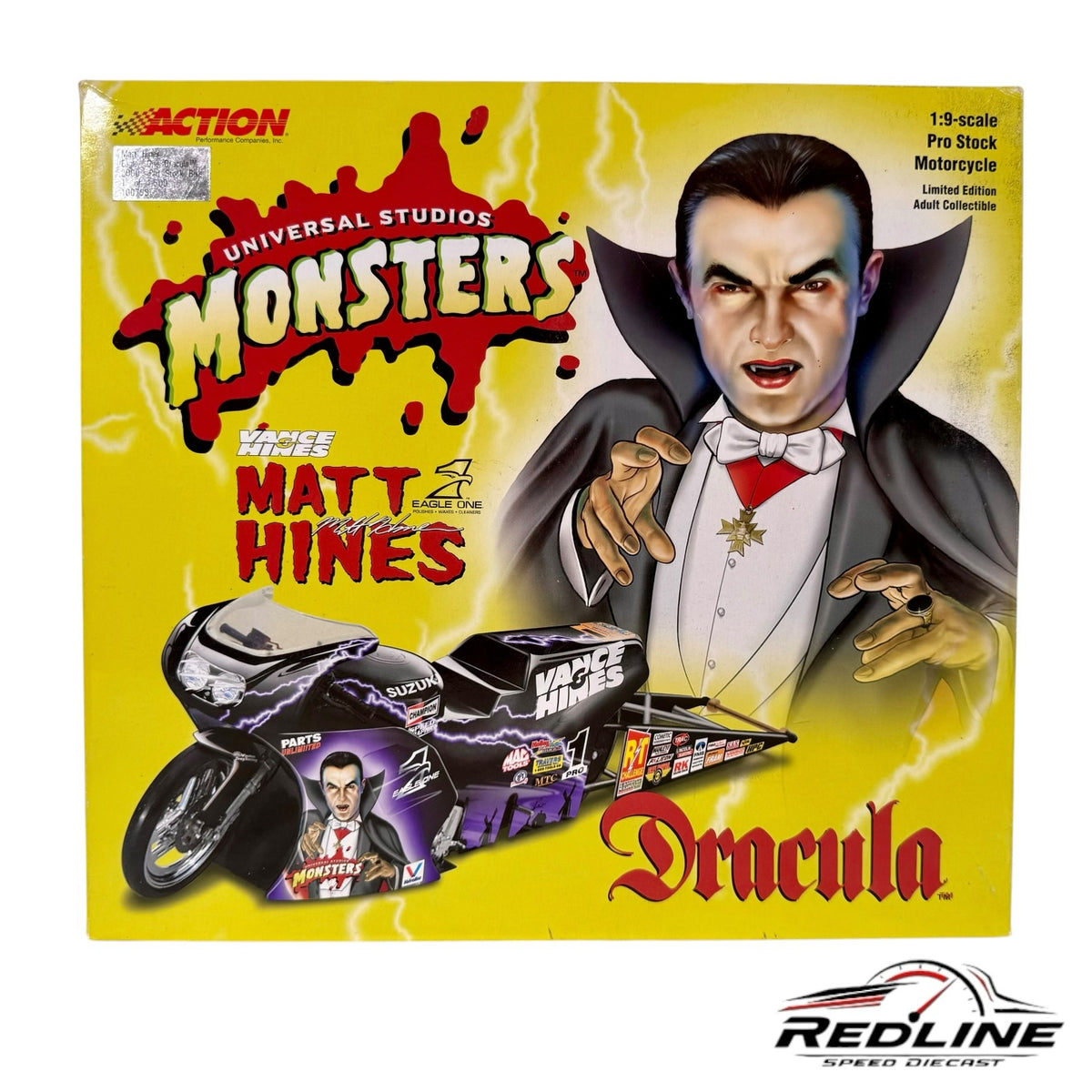 Redline Speed Diecast 1:9 scale Universal Studios Dracula Pro Stock motorcycle model in a yellow collector box