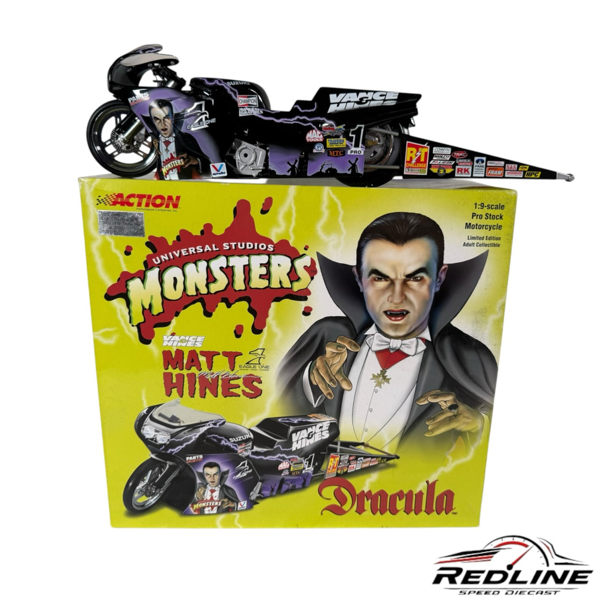 Redline Speed Diecast 1:9 scale Dracula Pro Stock motorcycle model with black and purple lightning livery in box