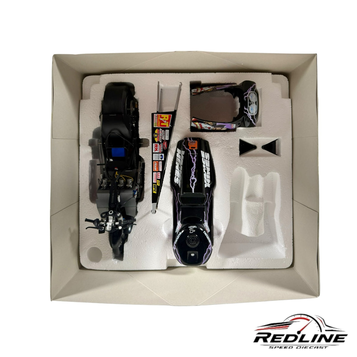 Redline Speed Diecast 1:9 scale Dracula Pro Stock motorcycle model in black and purple lightning livery in styrofoam box