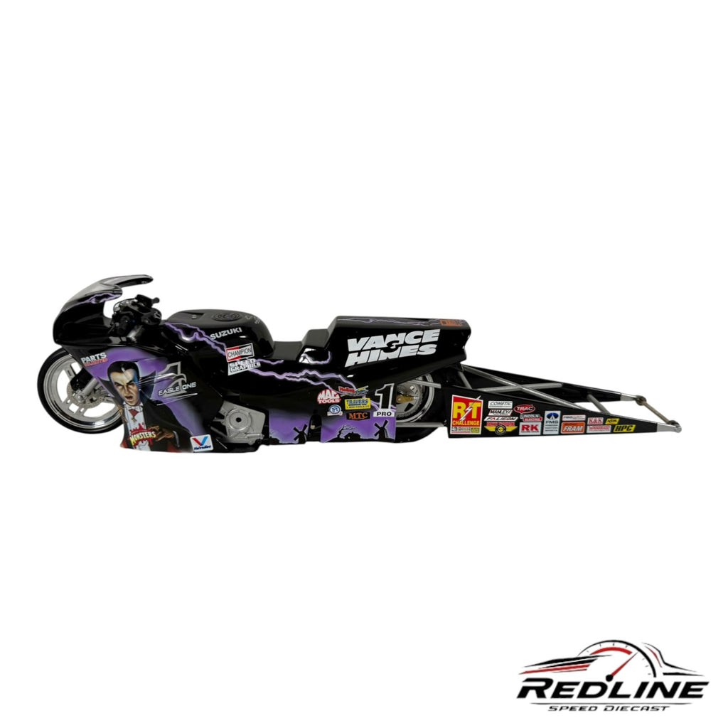 Redline Speed Diecast 1:9 scale Dracula Pro Stock motorcycle with black and purple lightning livery and sponsor decals