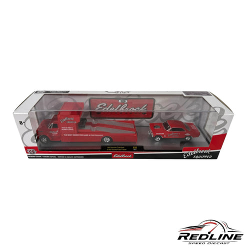 Redline Speed Diecast 1:64 scale Edelbrock set featuring a 1957 Chevrolet C60 hauler and Bel Air Gasser in red.