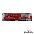 Redline Speed Diecast 1:64 scale Edelbrock 1957 Chevrolet C60 hauler and Bel Air Gasser set in iconic red livery.