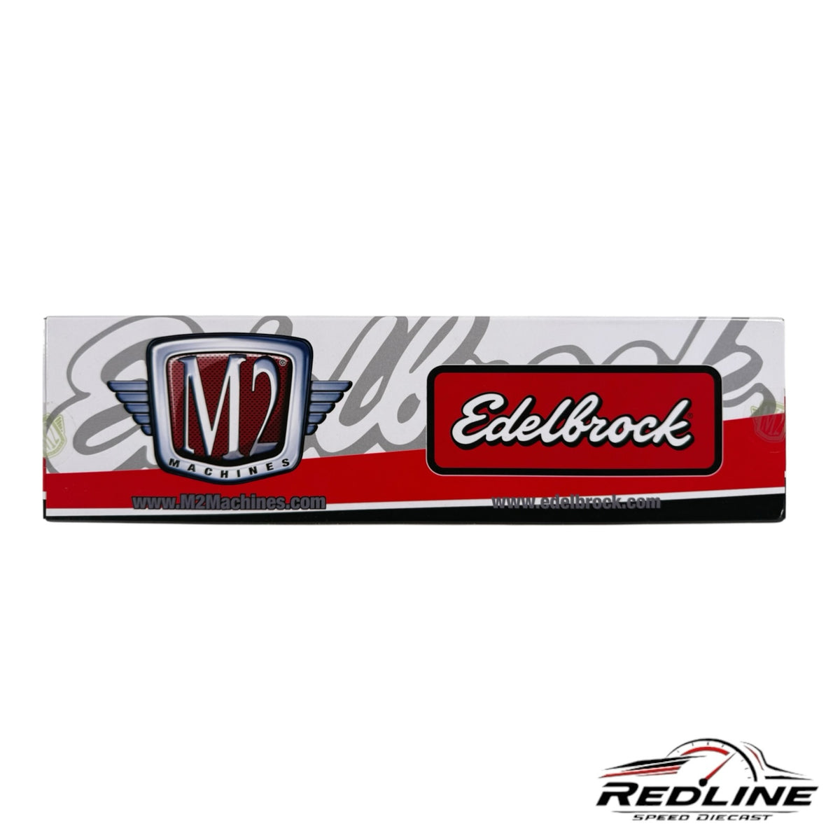 Redline Speed Diecast branded packaging for M2 Machines Edelbrock Chevrolet die-cast set with red and white graphics.