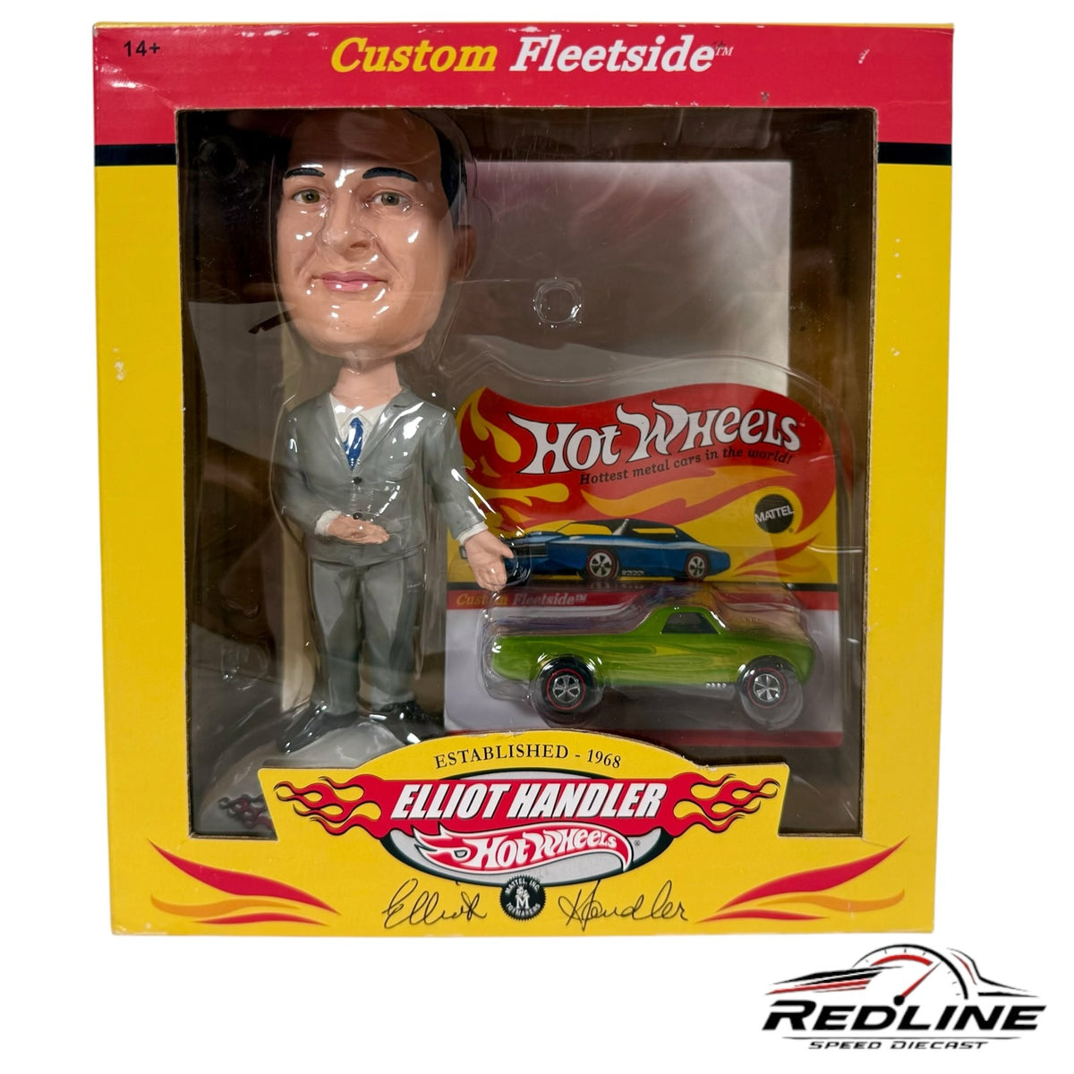 Redline Speed Diecast 35th Anniversary set featuring an Elliot Handler bobblehead and green Custom Fleetside car.