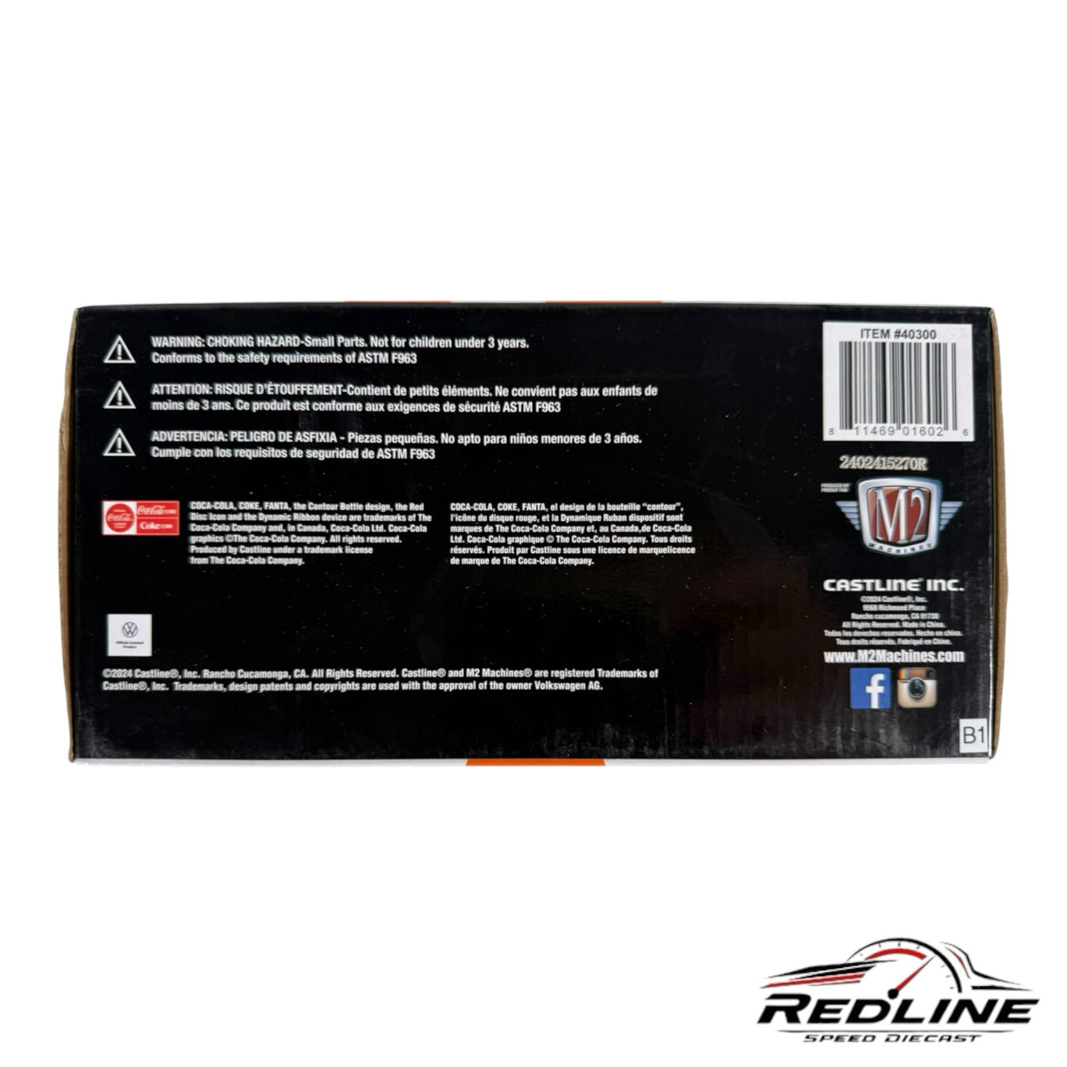 Redline Speed Diecast packaging back view for M2 Machines Fanta Volkswagen Delivery Van with safety warning labels