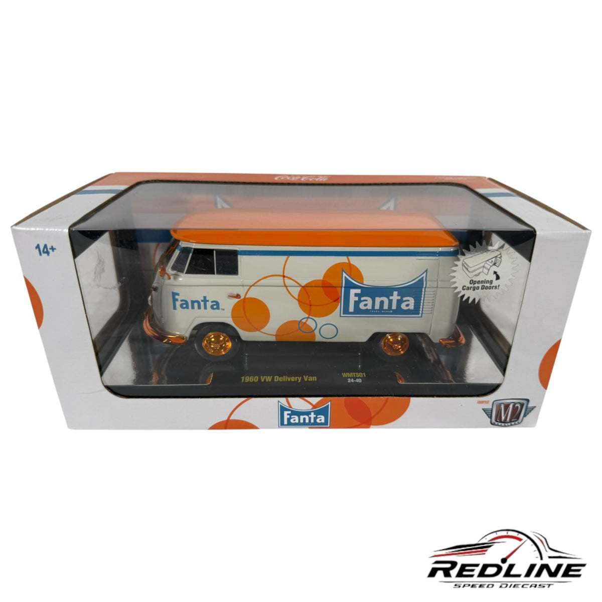 Redline Speed Diecast M2 Machines 1960 VW Delivery Van in white and orange with Fanta branding in collector packaging