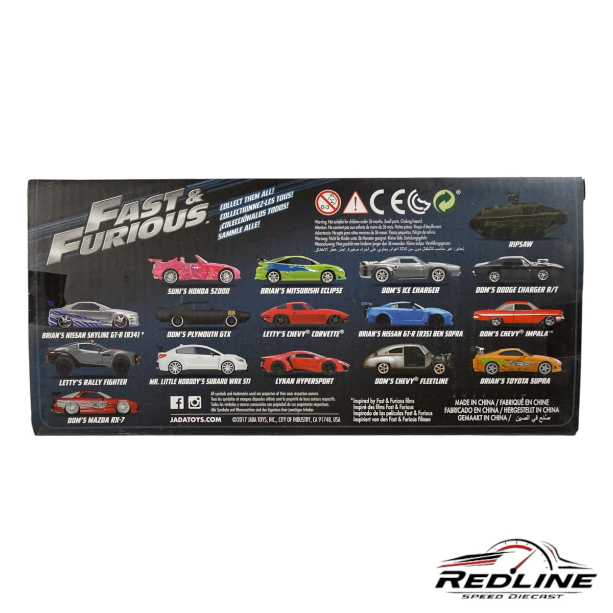 Redline Speed Diecast collection packaging showing various Fast and Furious movie car models including the Toyota Supra