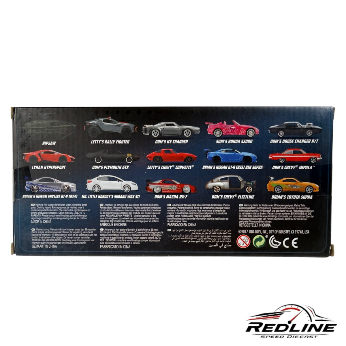 Redline Speed Diecast collection box showing various Fast and Furious movie car models including Nissan and Dodge