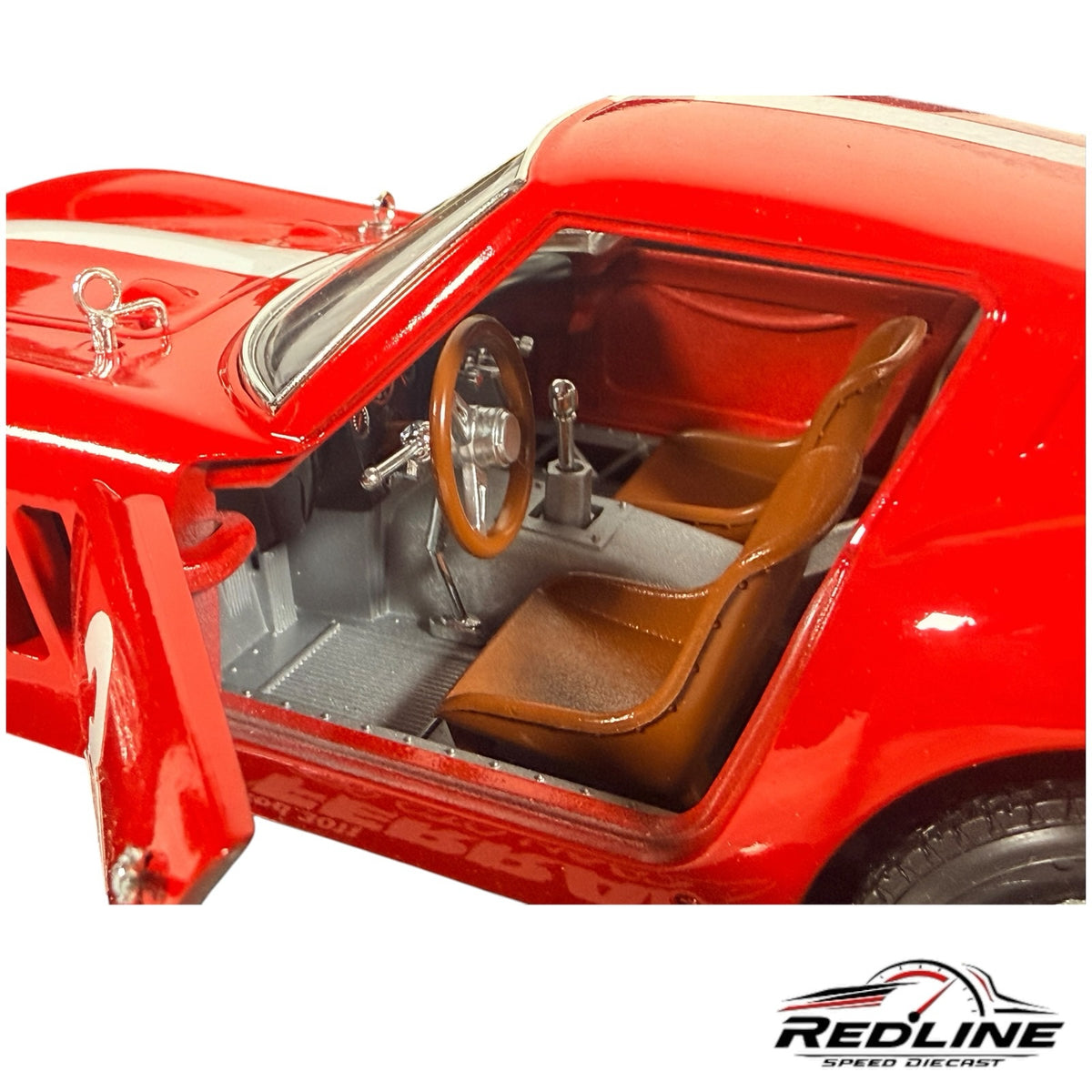 Redline Speed Diecast Ferrari 250 GTO model interior with brown bucket seats, wood steering wheel, and open door