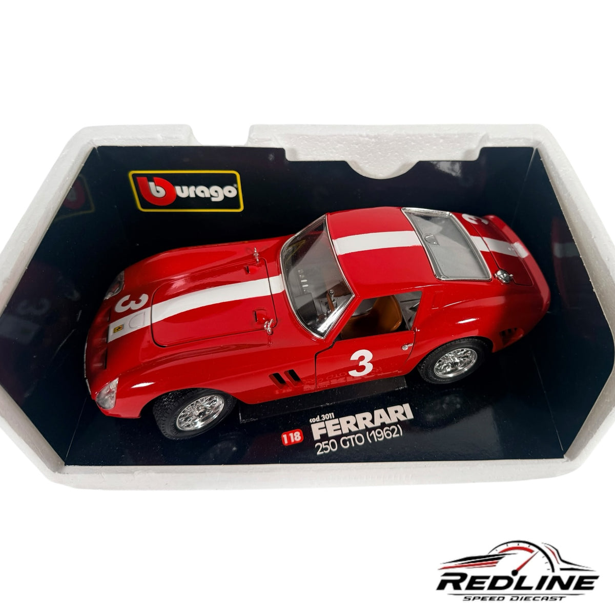 Redline Speed Diecast 1:18 scale Bburago Ferrari 250 GTO model in red with white racing stripe and number 3 livery