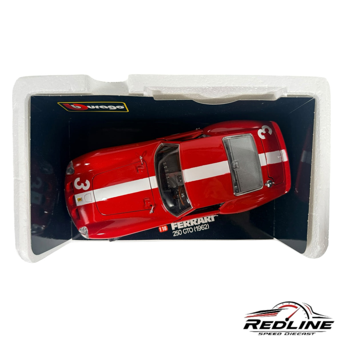 Redline Speed Diecast 1:18 scale Burago Ferrari 250 GTO model in red with white racing stripes and number 3 livery.