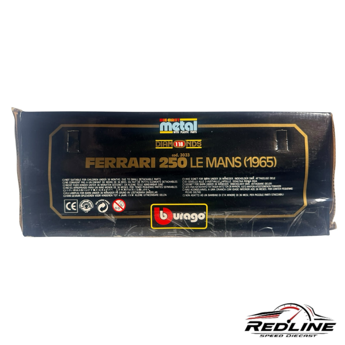 Redline Speed Diecast packaging for a 1:18 scale Bburago Ferrari 250 Le Mans 1965 model car