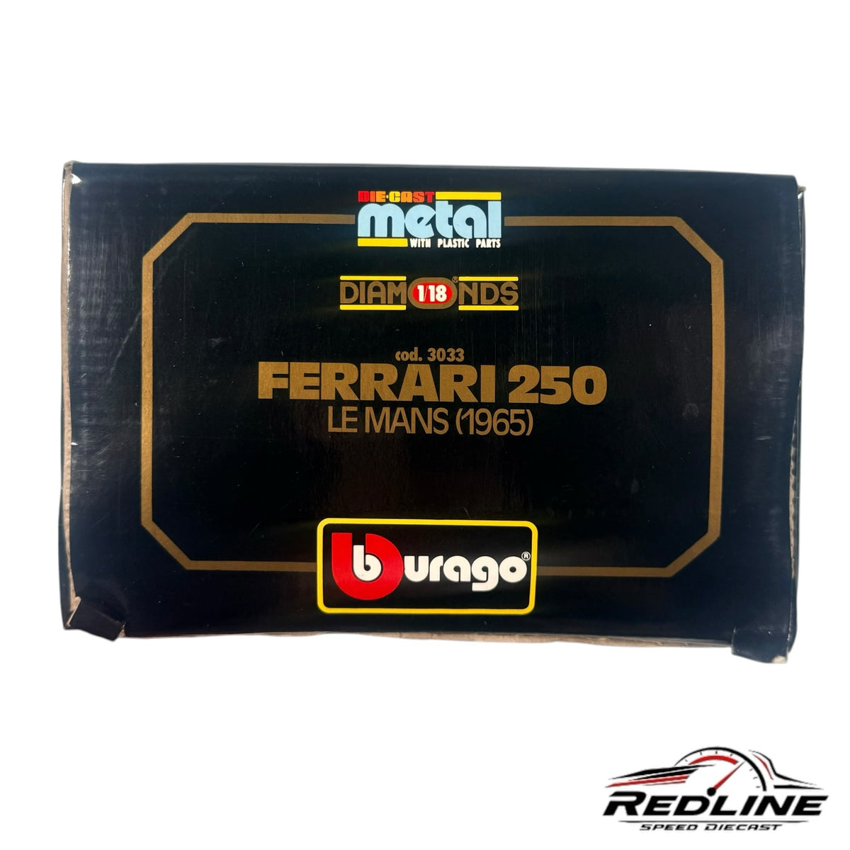 Redline Speed Diecast Bburago Ferrari 250 Le Mans 1965 model car packaging box with black and gold branding