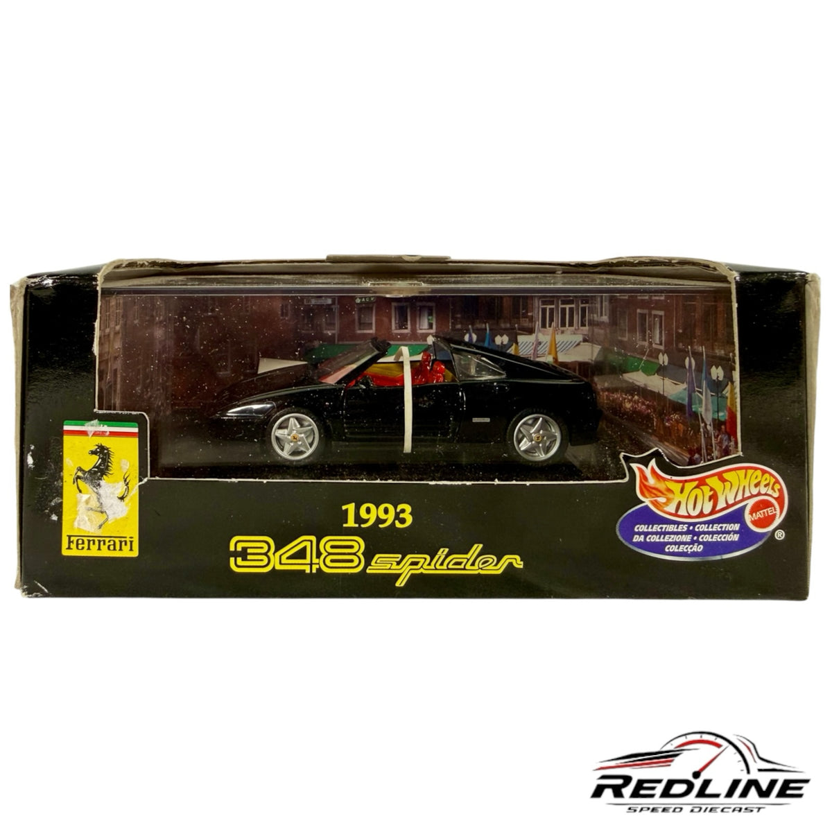 Redline Speed Diecast 1993 Ferrari 348 Spider black model car with red interior in original Hot Wheels display box