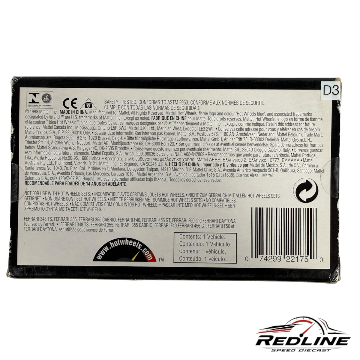 Redline Speed Diecast Hot Wheels Ferrari 348 Spider packaging back with product information and safety warnings