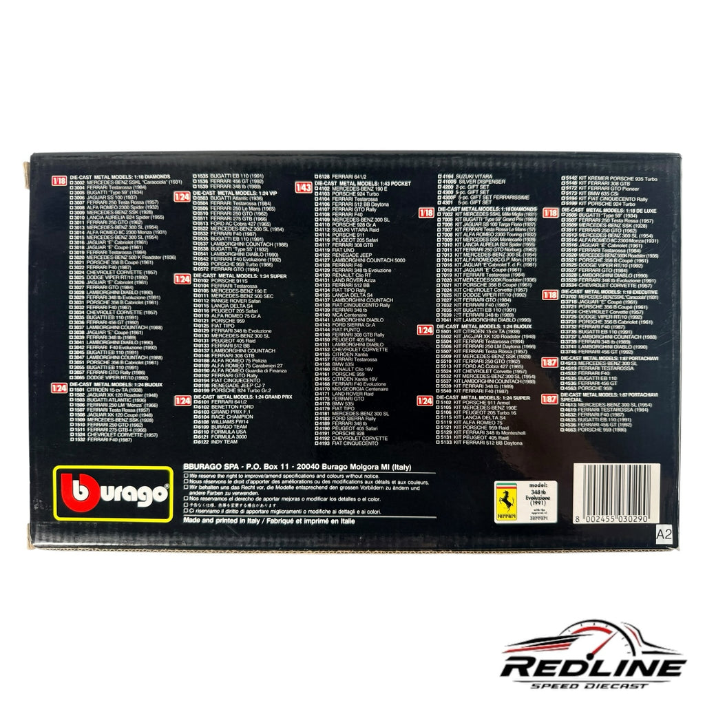 Redline Speed Diecast Burago Ferrari 348tb Evoluzione model car packaging box back view with product list