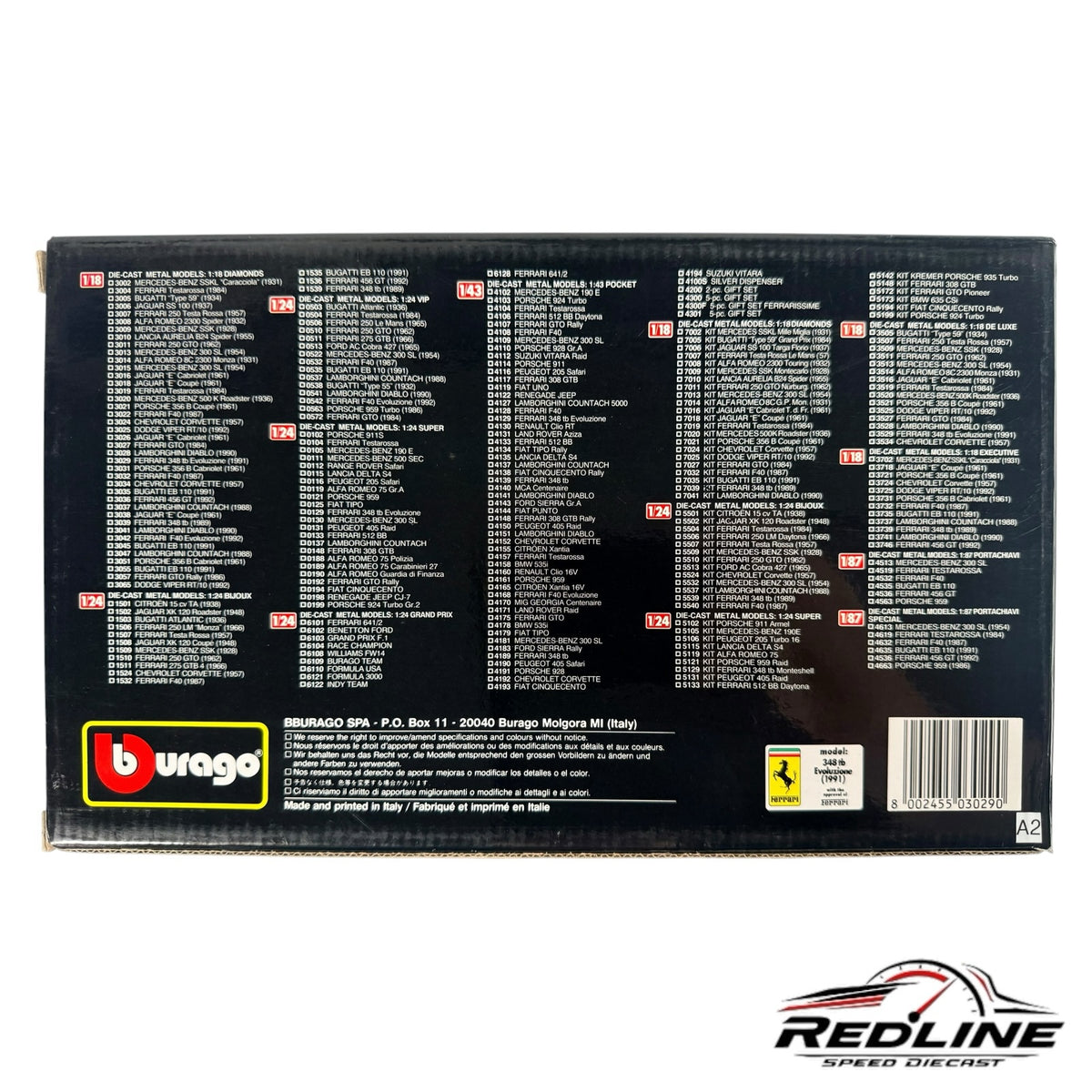 Redline Speed Diecast Burago Ferrari 348tb Evoluzione model car packaging box back view with product list