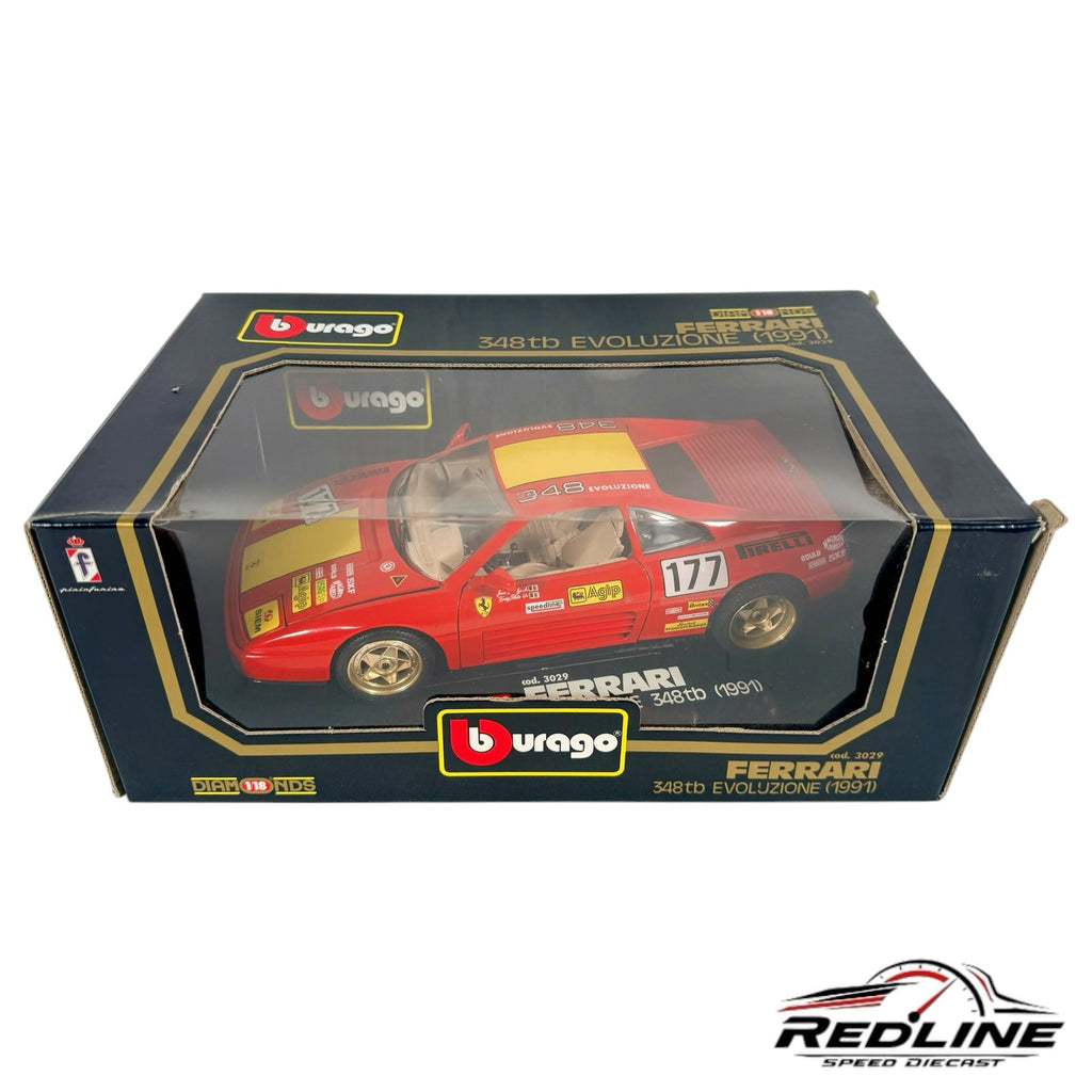 Redline Speed Diecast Burago 1:18 scale Ferrari 348tb Evoluzione model car in red with yellow racing livery in box