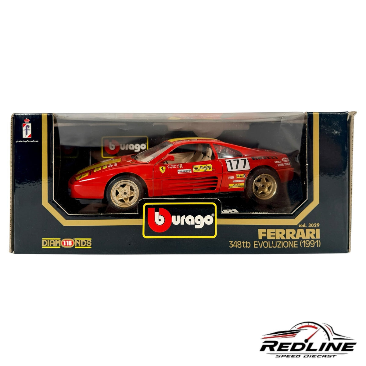 Redline Speed Diecast 1:18 scale Burago Ferrari 348tb Evoluzione model car in red with gold wheels in original box