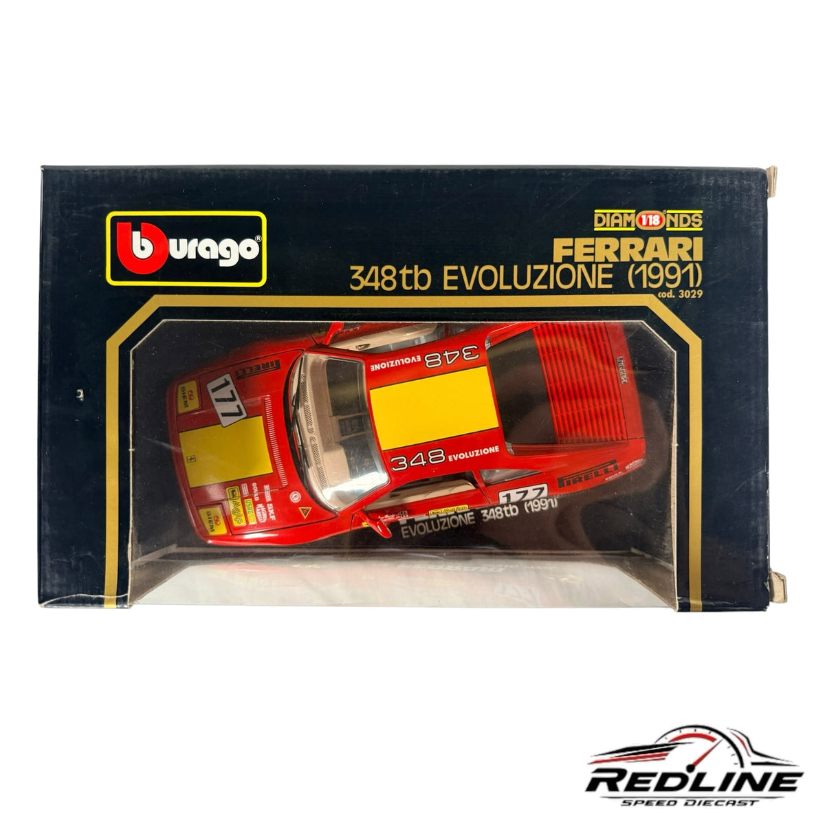 Redline Speed Diecast 1:18 scale Burago Ferrari 348tb Evoluzione model car in racing red with yellow accents in box
