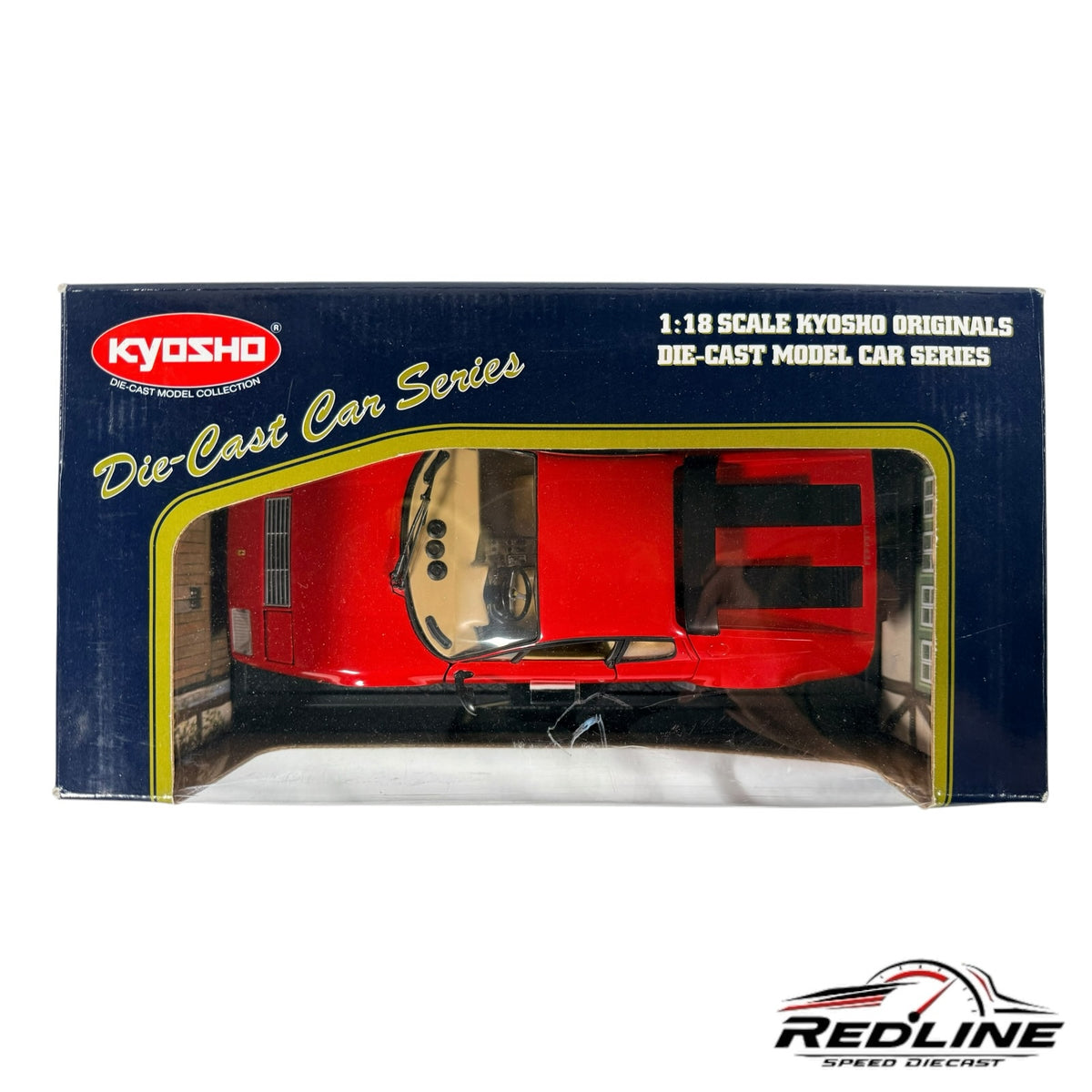 Redline Speed Diecast 1:18 scale red Ferrari 365 GT4 BB model car in original Kyosho display box, top view