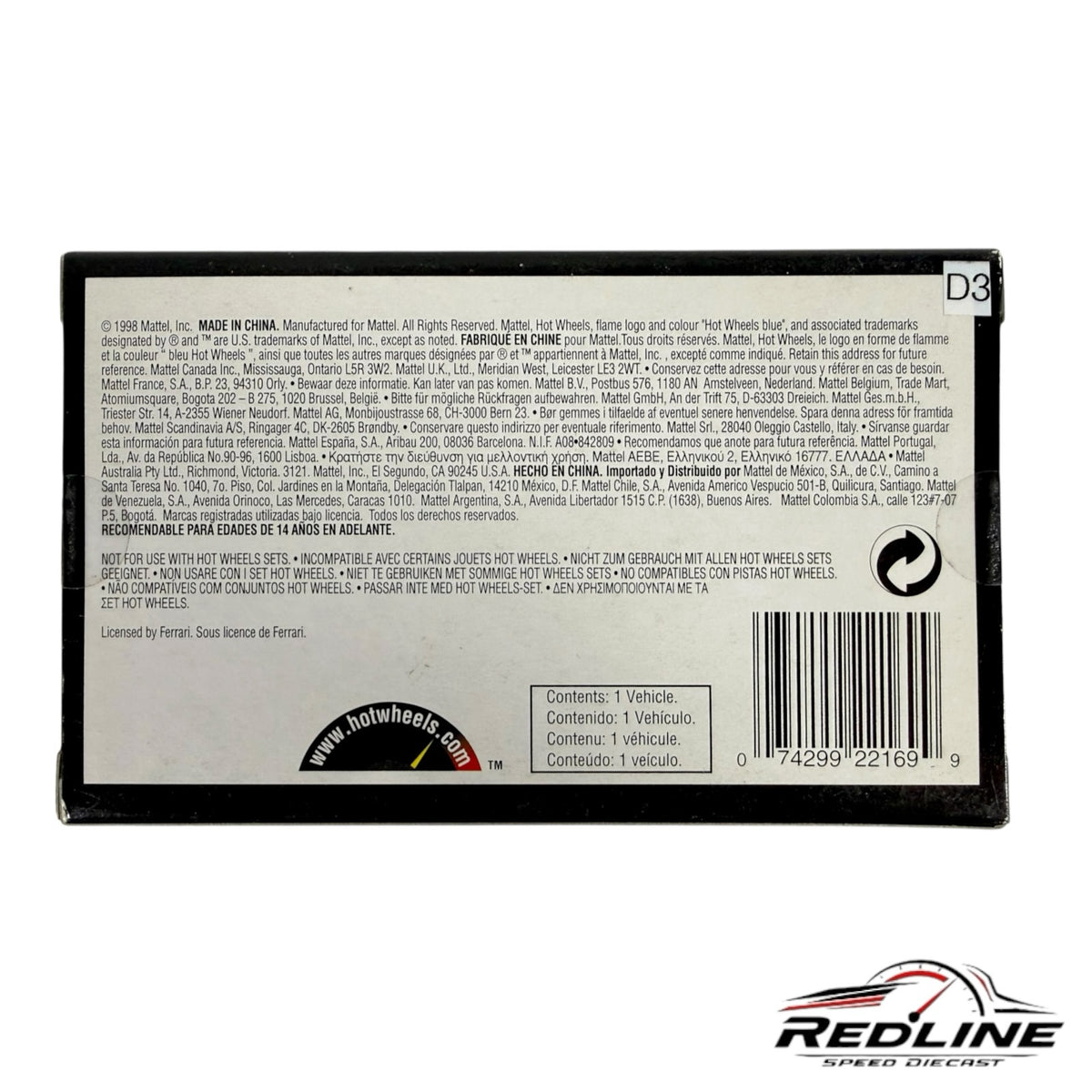 Redline Speed Diecast Hot Wheels Ferrari 456 GT collector box back view with product information and barcode
