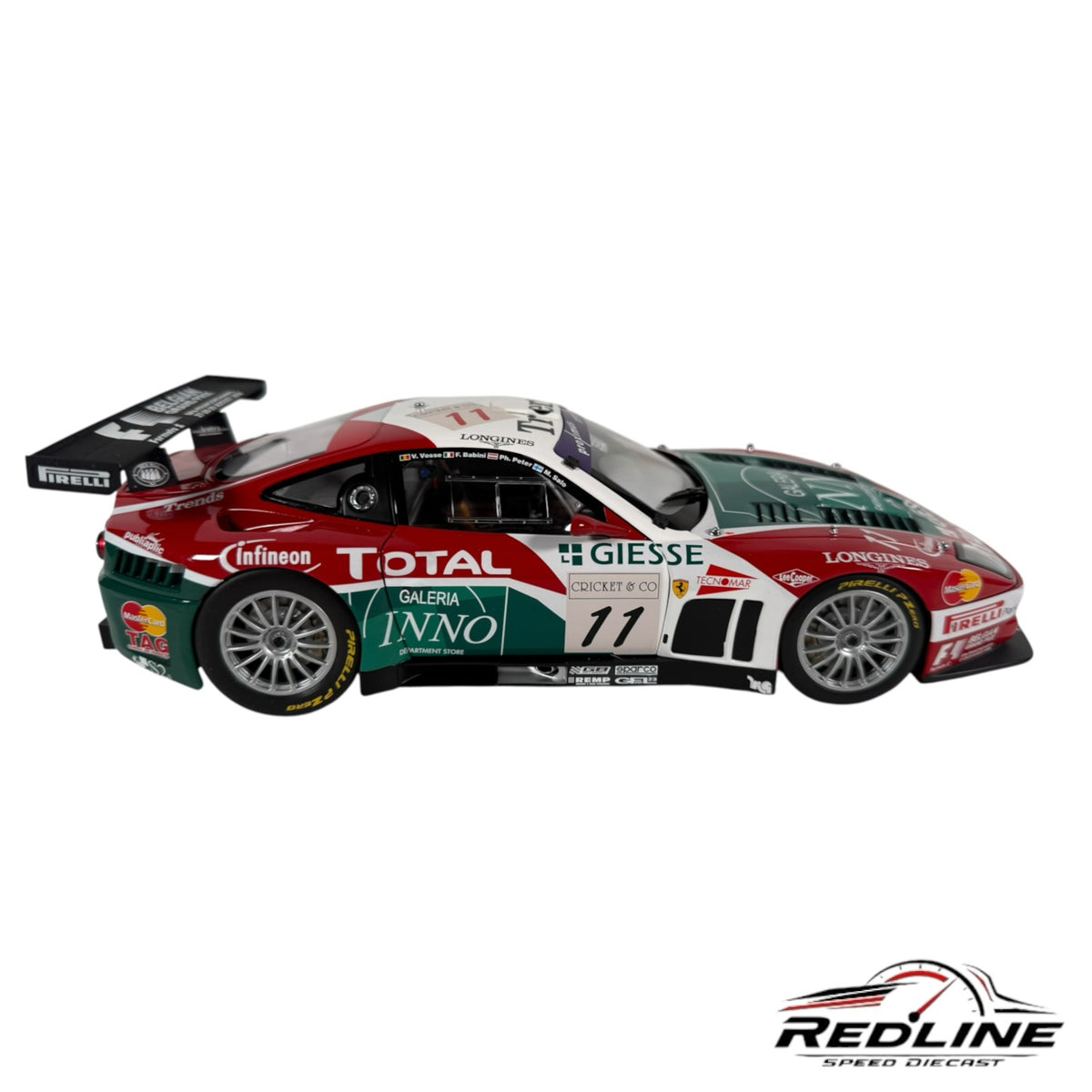 Redline Speed Diecast 1:18 scale Ferrari 575 GTC race car model in red, white, and green livery with sponsor decals.